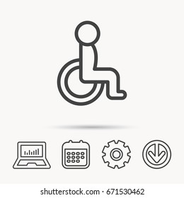 Disabled person icon. Human on wheelchair sign. Patient transportation symbol. Notebook, Calendar and Cogwheel signs. Download arrow web icon. Vector