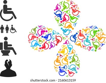 Disabled person icon multi colored rotation abstract flower composition. Object cyclone created from scattered disabled person items. Vector flower icon collage in flat style.
