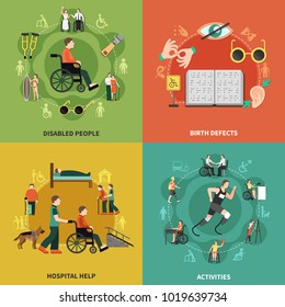 Disabled person icon set with disabled people birth defects hospital help and activities descriptions vector illustration