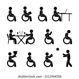 Disabled person icon. Various gestures and postures, stick figure people in wheelchairs in social situations.