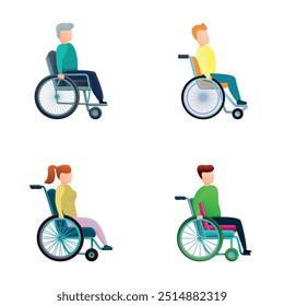 Disabled person icons set cartoon vector. Man and woman sitting in wheelchair. Disability, walking problem