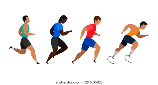 A disabled person is involved in running a marathon. Jogging men. Participants of athletics event trying to outrun each other. Vector illustration.