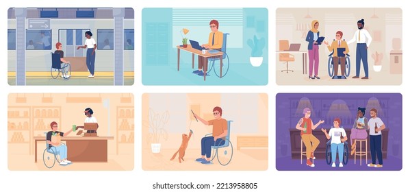 Disabled person lifestyle 2D vector isolated illustration set. Social inclusion flat characters on cartoon background. Routine colourful editable scenes collection for mobile, website, presentation