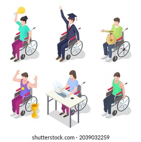 Disabled Person, Male And Female Cartoon Character Set, Flat Vector Isometric Illustration. Athlete, Student Graduate, Office Worker, Businessman In Wheelchair. Disabled People Lifestyle.