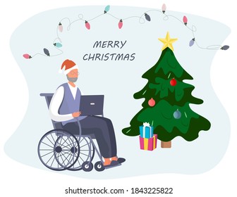 Disabled Person in Medical Mask Celebrating Christmas Online during Quarantine.Christmas Party in Covid 19.Winter Holidays in Coronavirus.Online Conferense in Quarantine.Flat Vector Illustration