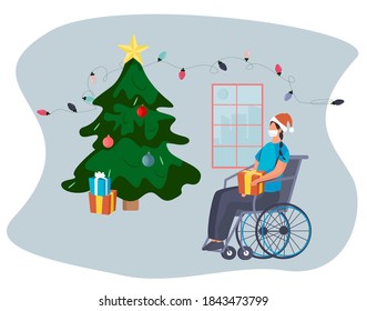 Disabled Person in Medical Mask Celebrating Christmas Online during Quarantine.Christmas Party in Covid 19.Winter Holidays in Coronavirus.Online Conferense in Quarantine.Flat Vector Illustration