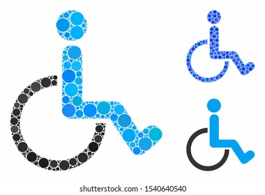 Disabled person mosaic of round dots in different sizes and color tints, based on disabled person icon. Vector dots are composed into blue mosaic.