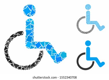 Disabled person mosaic of unequal parts in various sizes and color hues, based on disabled person icon. Vector unequal pieces are combined into mosaic.