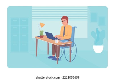 Disabled person in office 2D vector isolated illustration. Working flat character on cartoon background. Workplace convenience colourful editable scene for mobile, website, presentation