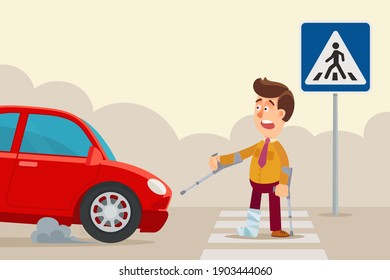 A disabled person on crutches crossing the road on crosswalk, the car emergency braked. Vector illustration, flat design, cartoon style, isolated background.