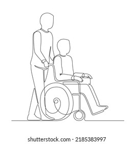 Disabled Person On Wheelchair And Assistance Volunteer, Continuous One Art Line Drawing. Care And Help In Moving Old Injured Patient. Single Hand Drawn. Disability Transportation. Vector Outline