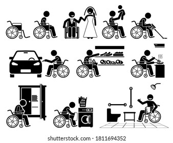 Disabled person on a wheelchair leading a normal life stick figure icons. Vector illustrations of a happy independent self reliance handicapped man doing daily activities and are self capable.