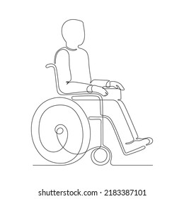 Disabled person wheelchair outline  continuous one art line drawing  Care   assistance in moving old injured patient  Single hand drawn  doodle  Chair for disability transportation  Vector