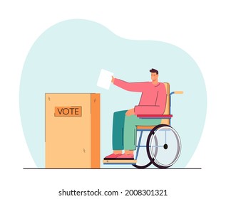 Disabled person on wheelchair putting voting paper in ballot box. Handicapped man at polling station flat vector illustration. Election, accessibility, government concept for banner, website design