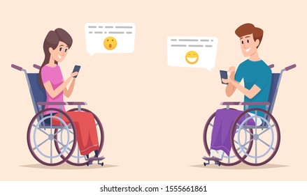 Disabled person online. Disability characters dating and chatting online smartphone handicapped vector illustration