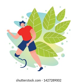 Disabled Person Preparing to Compete Cartoon. Disabled Active Guy Uses Prosthesis Instead Leg and Runs Down Street. Special Device to Help People with Disabilities. Vector Illustration.