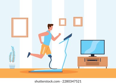 Disabled person with prosthetic leg runs on treadmill in house isolation. Sportsman jogging. Healthy lifestyle. training indoors cartoon flat illustration. Vector rehabilitation concept