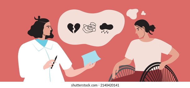 Disabled person with PTSD. Flat vector stock illustration. Psychologist and patient with post-traumatic stress disorder. Psychological help and support of victim with fear, anxiety, depression