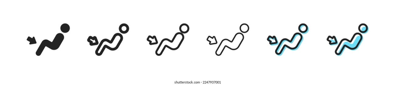 Disabled person set icon. Driver's seat, road sign, parking space, invalif. Traffic rules concept. Six vector line icon in different styles