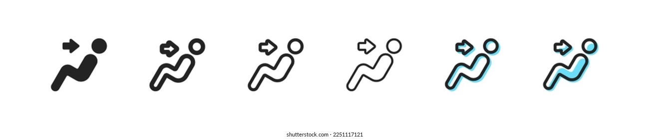Disabled person set icon. Drivers seat, road sign, parking space, invalif, movable driver's seat. Traffic rules concept. Six vector line icon in different styles