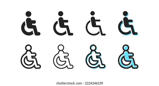 Disabled Person Set Icon. Wheelchair, Cannot Walk, Handicapped, Sick Person, Springboard, Prosthesis, Give Way To Disabled People. Car Sign For A Invalid At The Wheel. Vector Line Icon