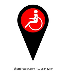 Disabled person sign illustration. Vector. Flat white icon in red circle at black marker on white background. Isolated.