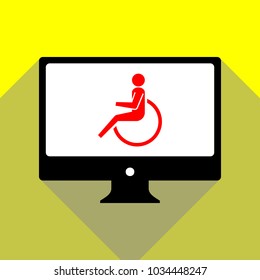 Disabled person sign illustration. Vector. Red icon on white monitor of black all-in-one desktop computer with two shadows at yellow background.