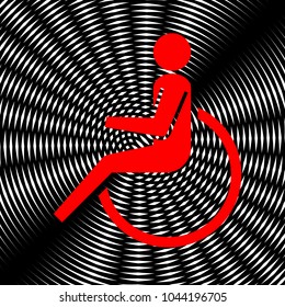 Disabled person sign illustration. Vector. Red icon on white and black radial interference as background.