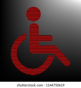 Disabled person sign illustration. Vector. Striped red and black icon at gradient blackish background. Zebra.