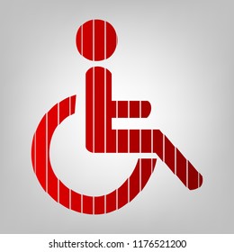 Disabled person sign illustration. Vector. Vertically divided icon with colors from reddish gradient in gray background with light in center.