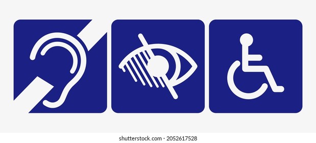 Disabled person signs. blindness deafness, wheelchair vector icon. 