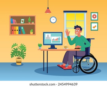 Disabled person sitting in a wheelchair doing business work in home office 