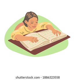 Disabled person support and concept of enjoying a full life.Young disabled blind girl reading book written in Braille. Hand Tracing the Pages.Text recognition without visual sight vector illustration