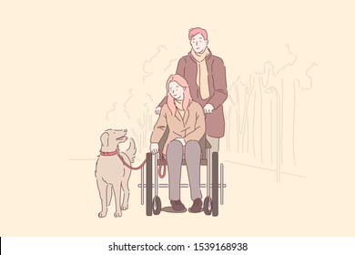 Disabled person support, love couple concept. Handicapped young girl with man in park, woman in wheelchair, wife walking with husband and dog, happy family spending time together. Simple flat vector