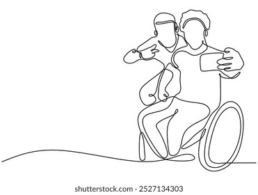 Disabled person taking a selfie with a friend in one continuous line drawing. Minimalist design for inclusivity and friendship themes. Hand-drawn illustration for empowerment.