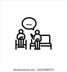 disabled person talking with friend outline icon. Disabled people line art illustration.