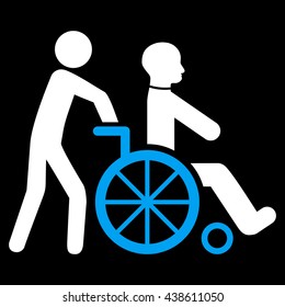 Disabled Person Transportation vector icon. Style is bicolor flat icon symbol with rounded angles, blue and white colors, black background.