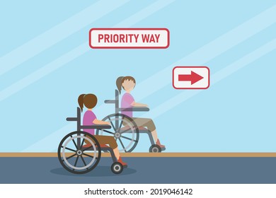 Disabled person vector concept: Young woman sitting on the wheelchair while looking at priority way text on the mirror