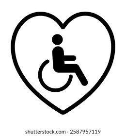 Disabled Person Vector Flat Icon with Heart Shape Frame. Handicapped or Accessibility Sign. Man in a Wheelchair Pictogram on White Background. World Disability Day. 