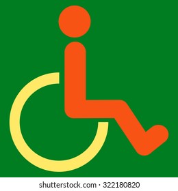 Disabled Person vector icon. Style is bicolor flat symbol, orange and yellow colors, rounded angles, green background.