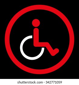 Disabled Person vector icon. Style is bicolor flat rounded symbol, red and white colors, rounded angles, black background.