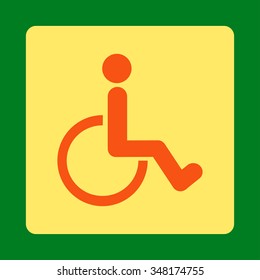 Disabled Person vector icon. Style is flat rounded square button, orange and yellow colors, green background.