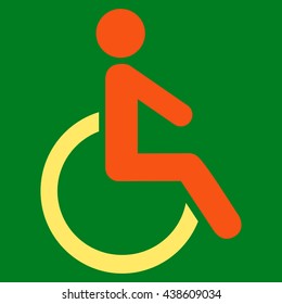 Disabled Person vector icon. Style is bicolor flat icon symbol with rounded angles, orange and yellow colors, green background.