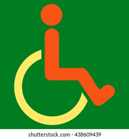 Disabled Person vector icon. Style is bicolor flat icon symbol with rounded angles, orange and yellow colors, green background.
