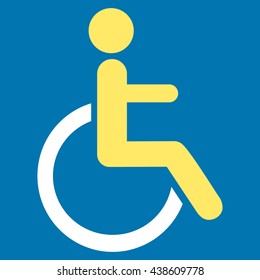 Disabled Person vector icon. Style is bicolor flat icon symbol with rounded angles, yellow and white colors, blue background.