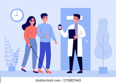 Disabled person visiting doctor office. Blind woman, assistant, hospital flat vector illustration. Disability, therapy, medical expertise concept for banner, website design or landing web page