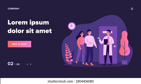 The disabled person visiting the doctor office. Blind woman, assistant, hospital flat vector illustration. Disability, therapy, medical expertise concept for banner, website design or landing web page