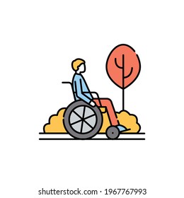 Disabled person for a walk color line icon. Disability. Isolated vector element. Outline pictogram for web page, mobile app, promo