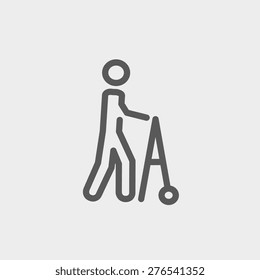 Disabled person with walker icon thin line for web and mobile, modern minimalistic flat design. Vector dark grey icon on light grey background.