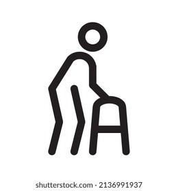 Behinderte Person mit Lauflernhilfe. Zeilensymbol. Vektorgrafik